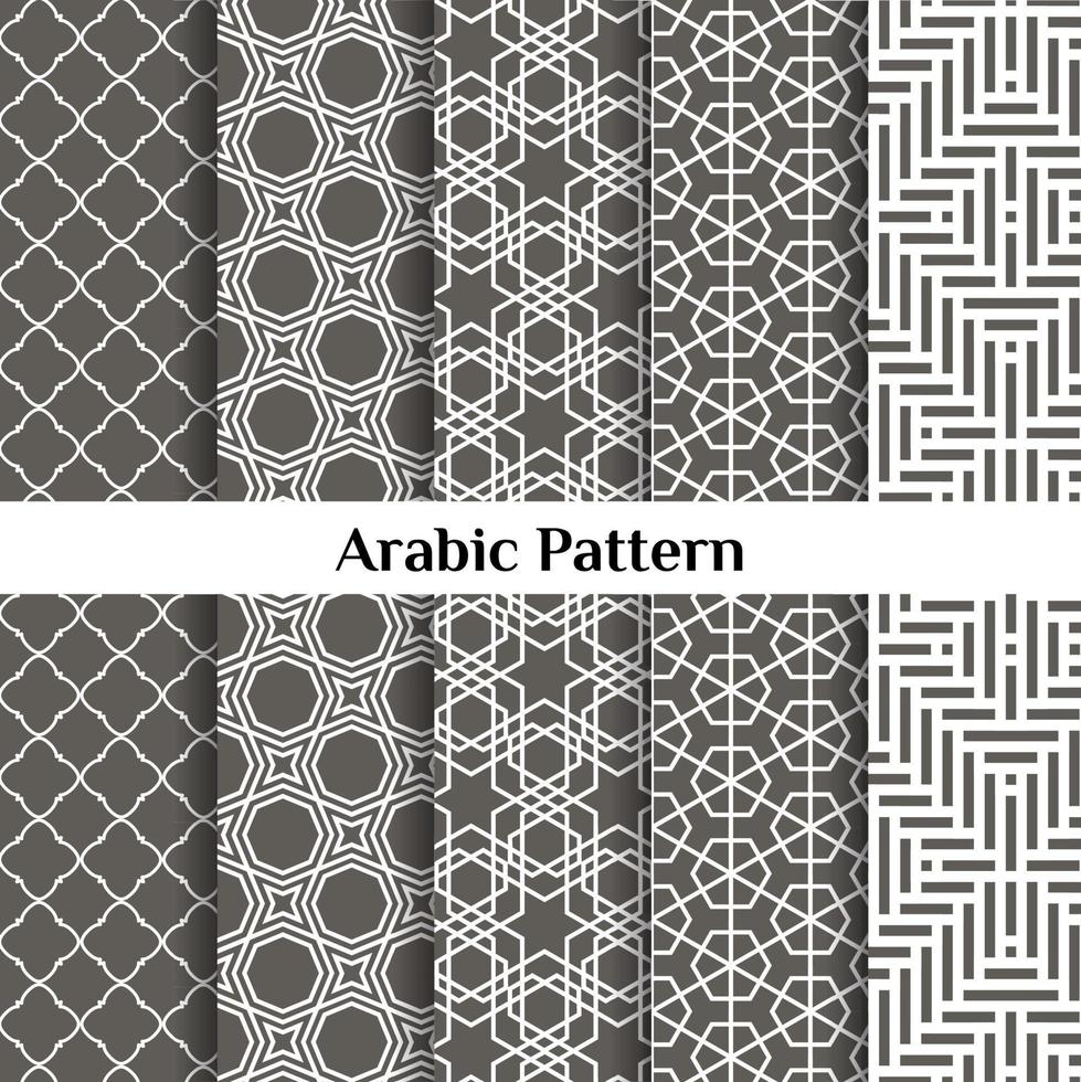 Set of 5 arabic patterns background. Geometric muslim ornament. grey on white color palette. vector illustration of islamic texture. traditional arab wallpaper