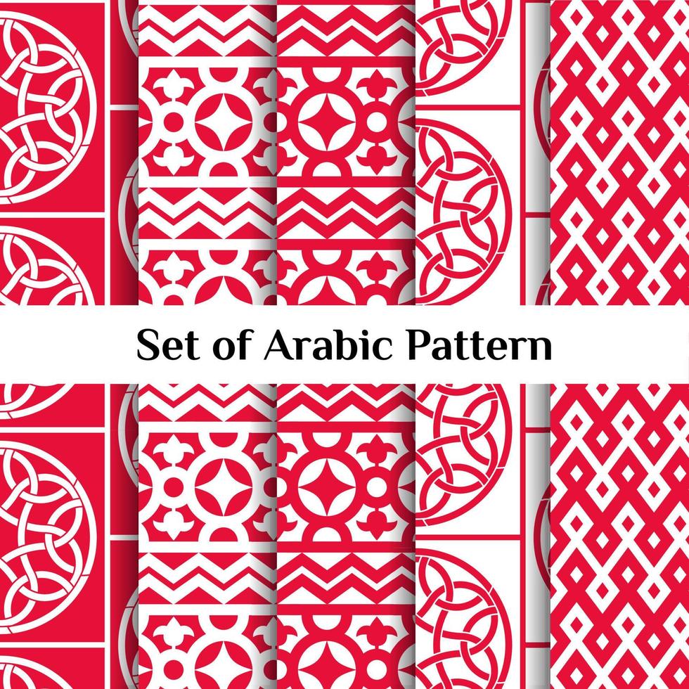 Set of 5 arabic patterns background. Geometric muslim ornament. red on white color palette. vector illustration of islamic texture. traditional arab wallpaper