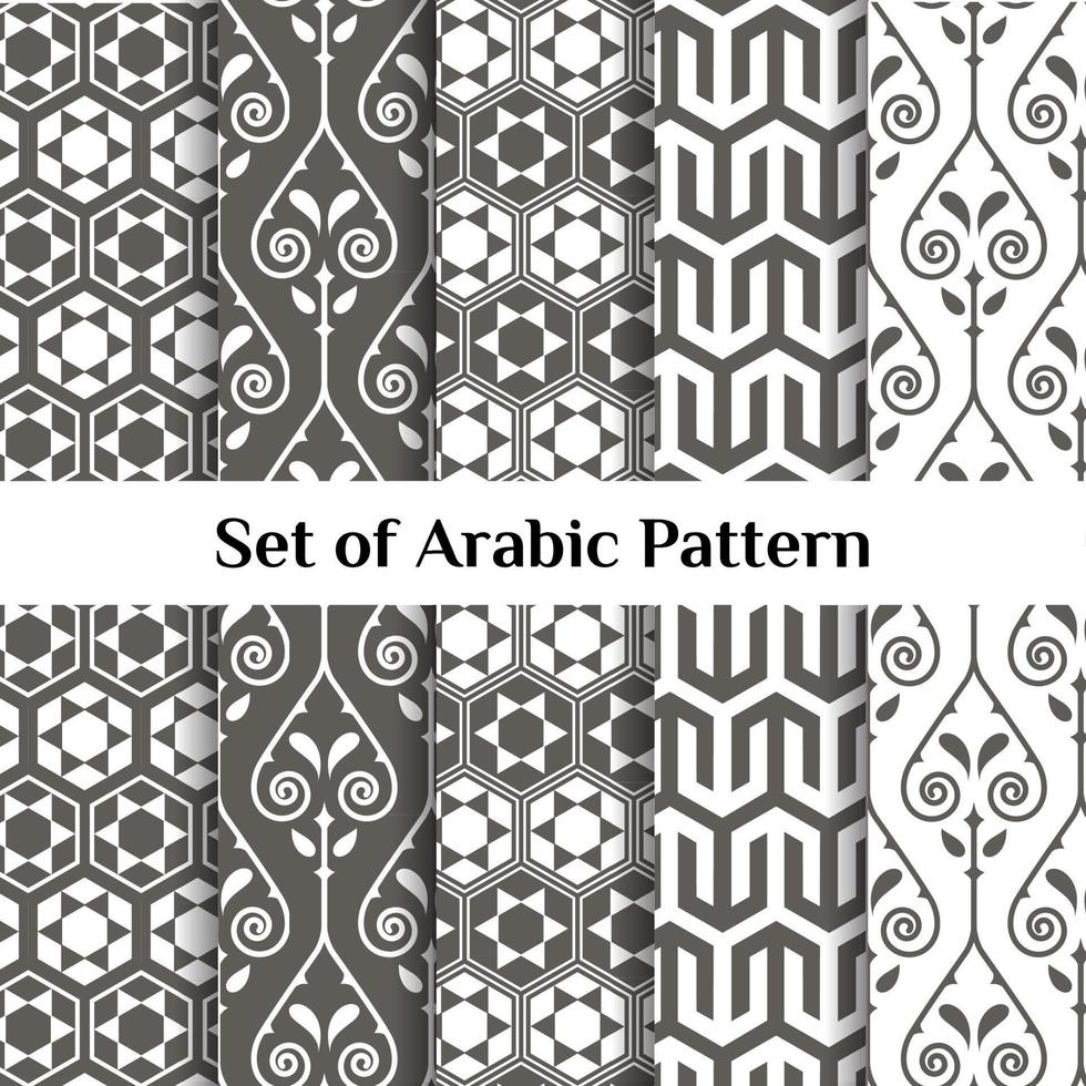 Set of 5 arabic patterns background. Geometric muslim ornament. grey on white color palette. vector illustration of islamic texture. traditional arab wallpaper