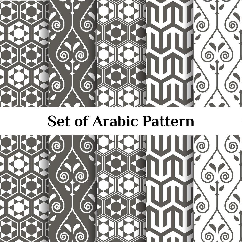 Set of 5 arabic patterns background. Geometric muslim ornament. grey on white color palette. vector illustration of islamic texture. traditional arab wallpaper