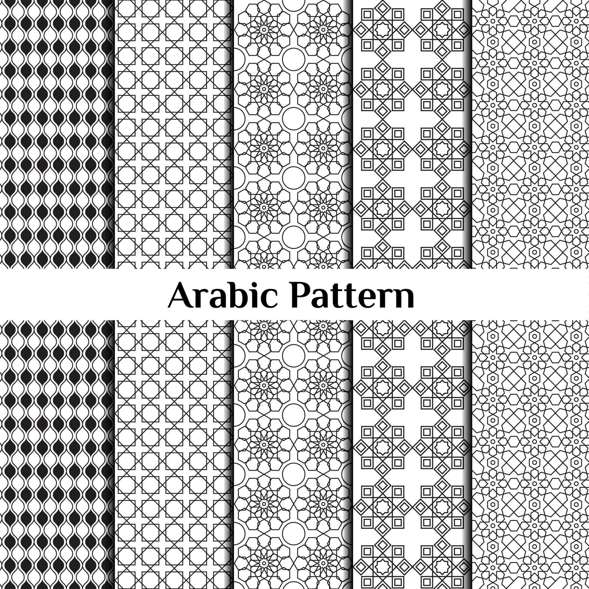 Set of 5 arabic patterns background. Geometric muslim ornament. grey on