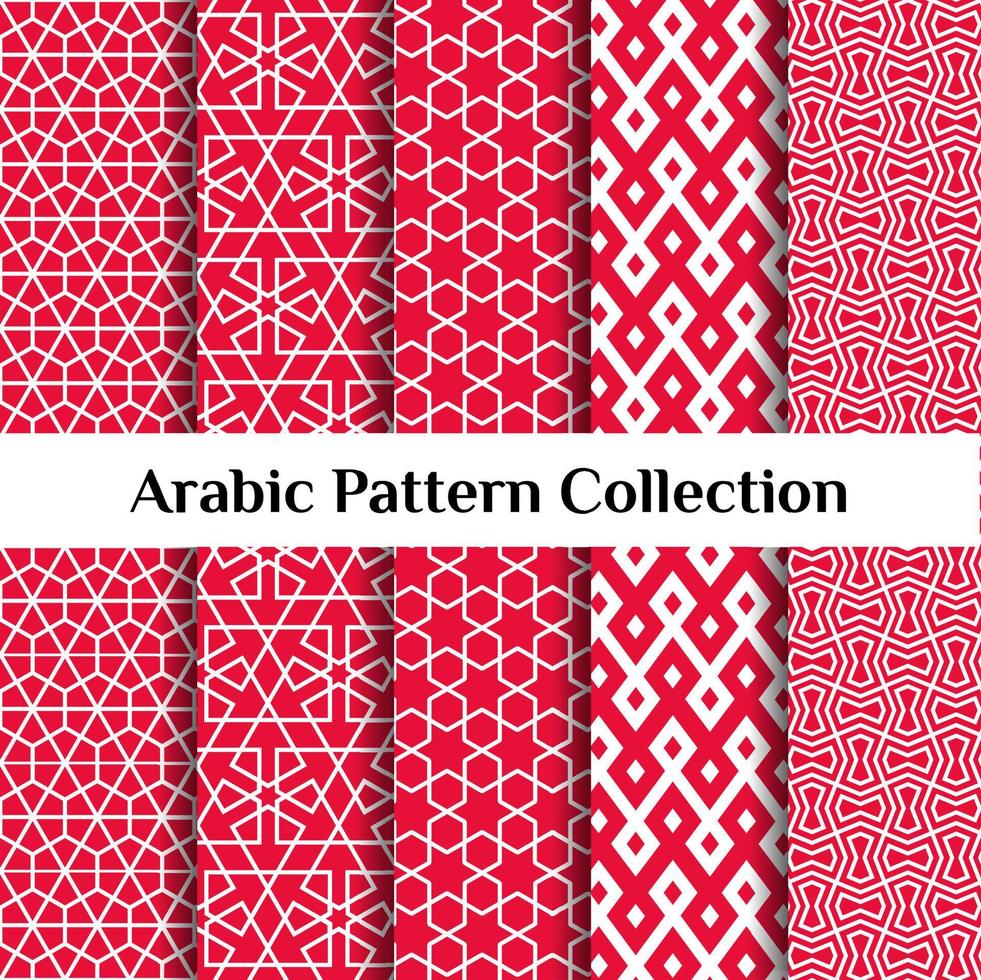 Set of 5 arabic patterns background. Geometric muslim ornament. red on white color palette. vector illustration of islamic texture. traditional arab wallpaper