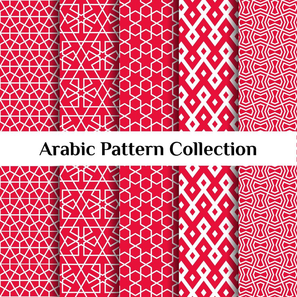 Set of 5 arabic patterns background. Geometric muslim ornament. red on white color palette. vector illustration of islamic texture. traditional arab wallpaper