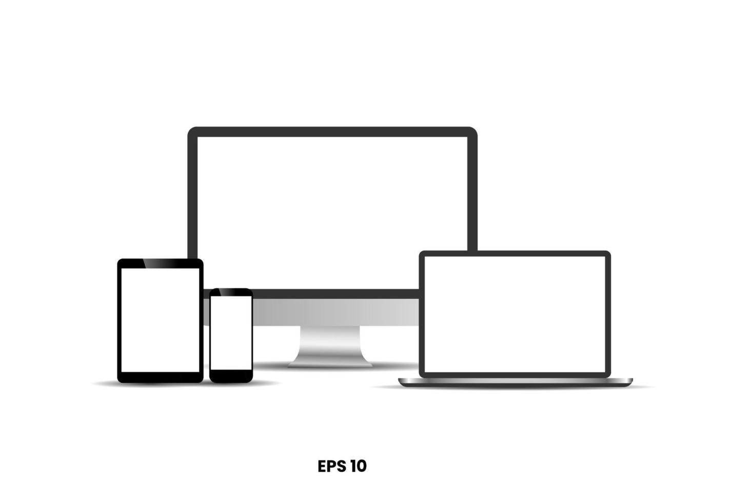 Screen device mockup, PC, laptop, tablet, smartphone and smartwatch blank screens. Realistic media gadgets with transparent screen for presentation. Vector illustration