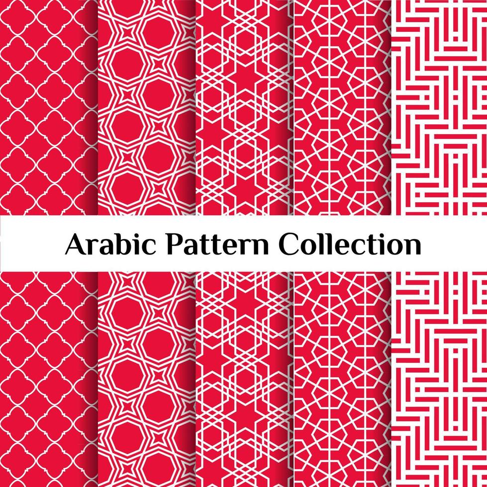 Set of 5 arabic patterns background. Geometric muslim ornament. red on white color palette. vector illustration of islamic texture. traditional arab wallpaper