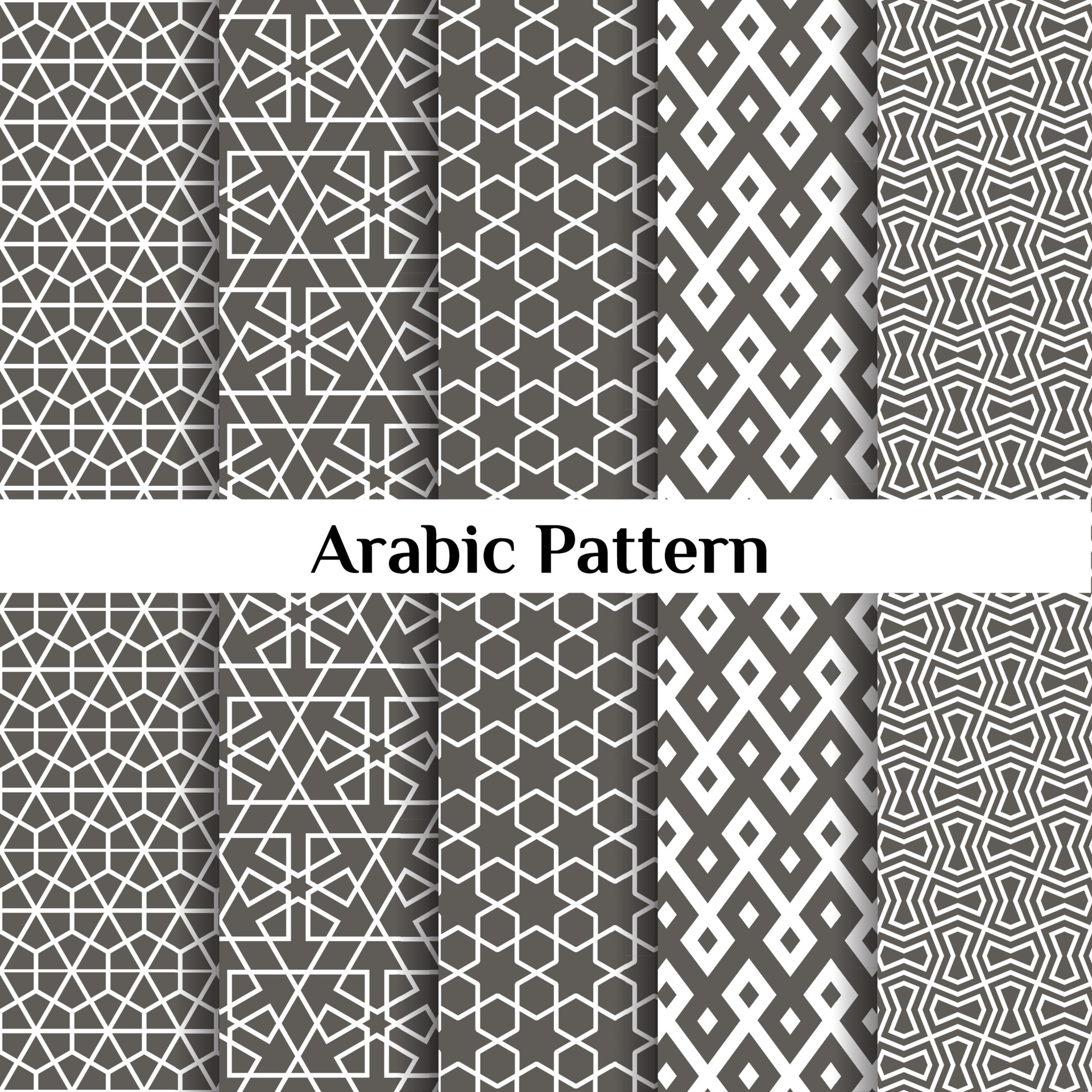 Set of 5 arabic patterns background. Geometric muslim ornament. grey on