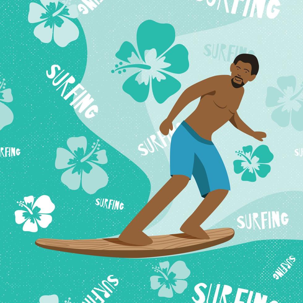 joven equilibrándose en la tabla de surf con texto de surf y flor en el fondo. tabla de surf ola playa deportes extremos vector