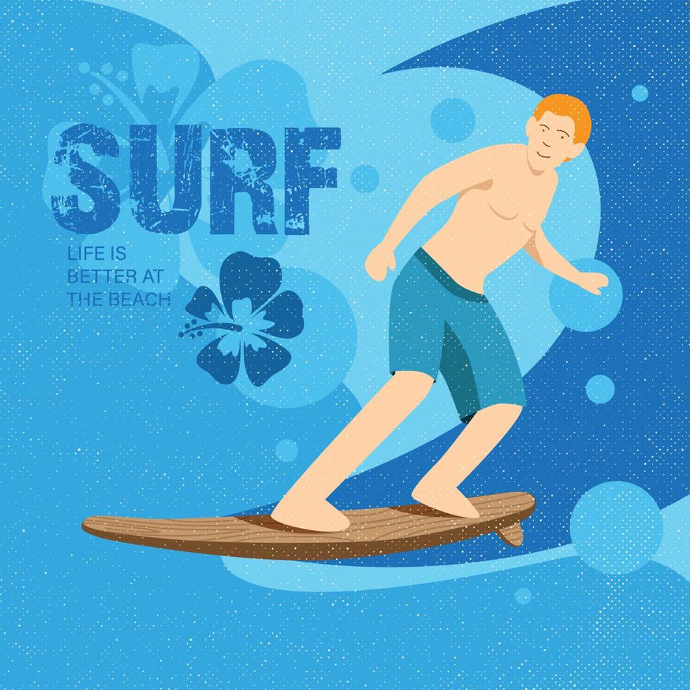 joven balanceándose en la tabla de surf con fondo azul grunge. tabla de surf ola playa deportes extremos vector