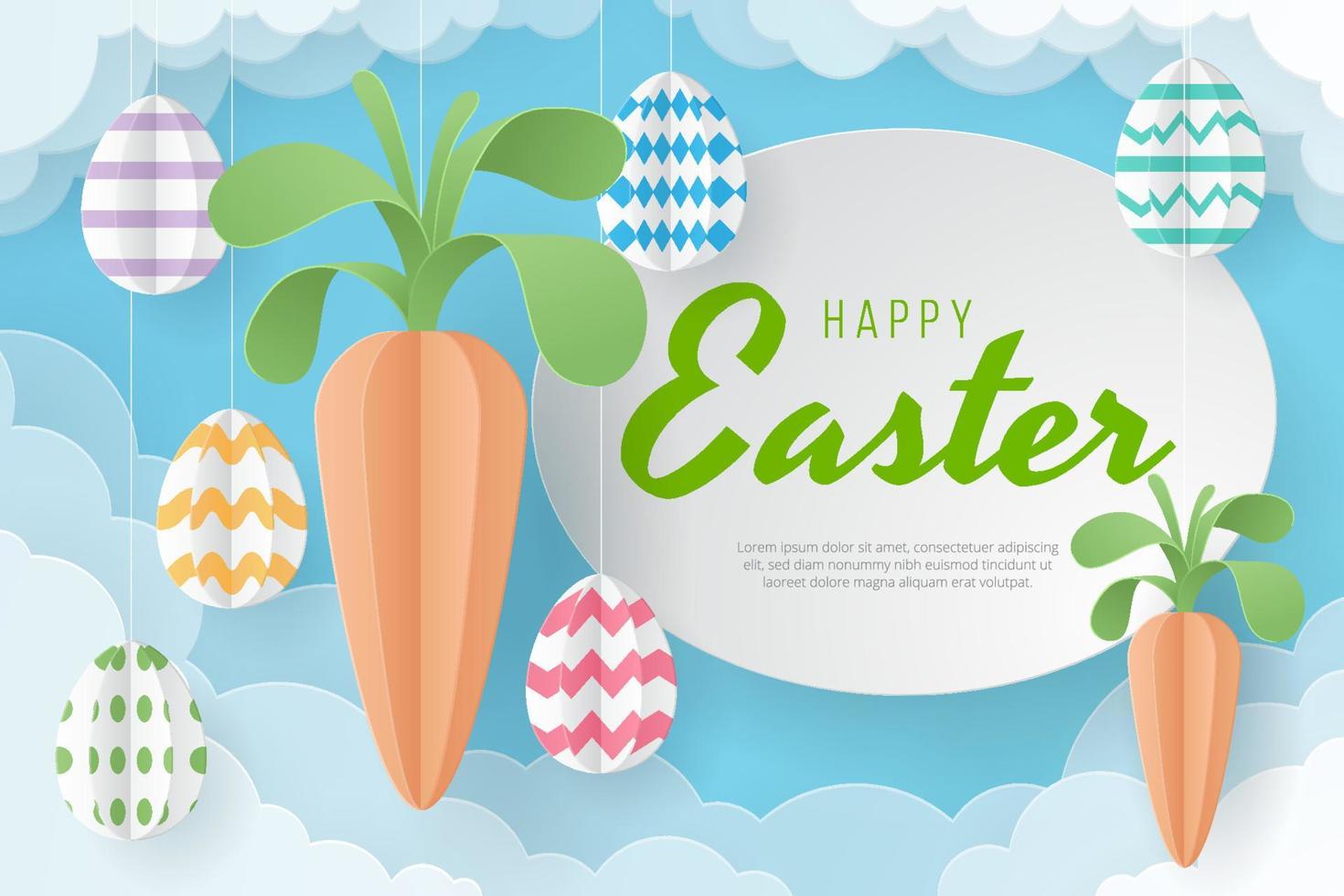 Happy Easter background with eggs, carrot and cloud. Paper Art. Vector Illustration.