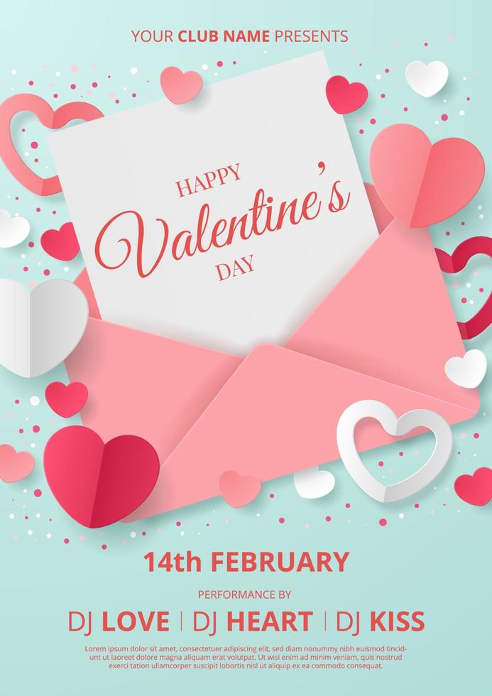 Valentine's day party poster template with paper art style. Vector illustration.