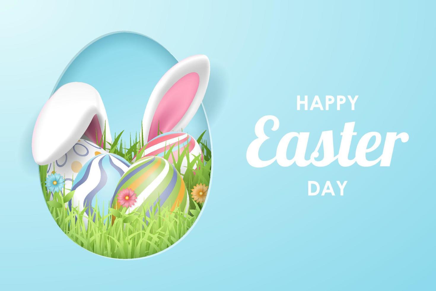Happy Easter background with realistic painted eggs, grass, flowers and rabbit ears. Vector illustration