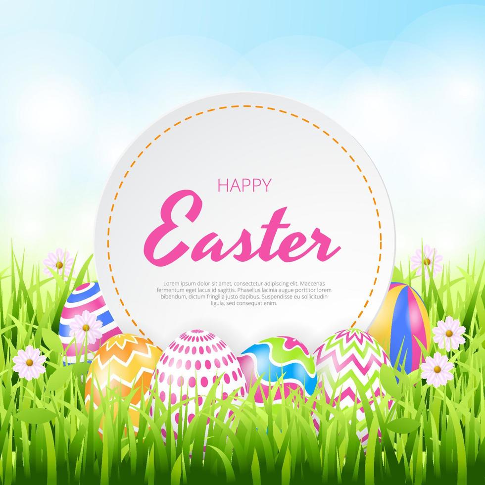 Happy Easter background with realistic painted eggs, grass, flowers. Vector illustration