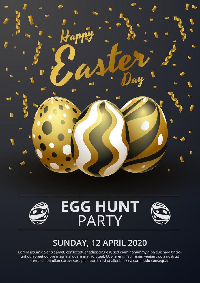 Happy Easter poster template with realistic golden eggs. Vector illustration