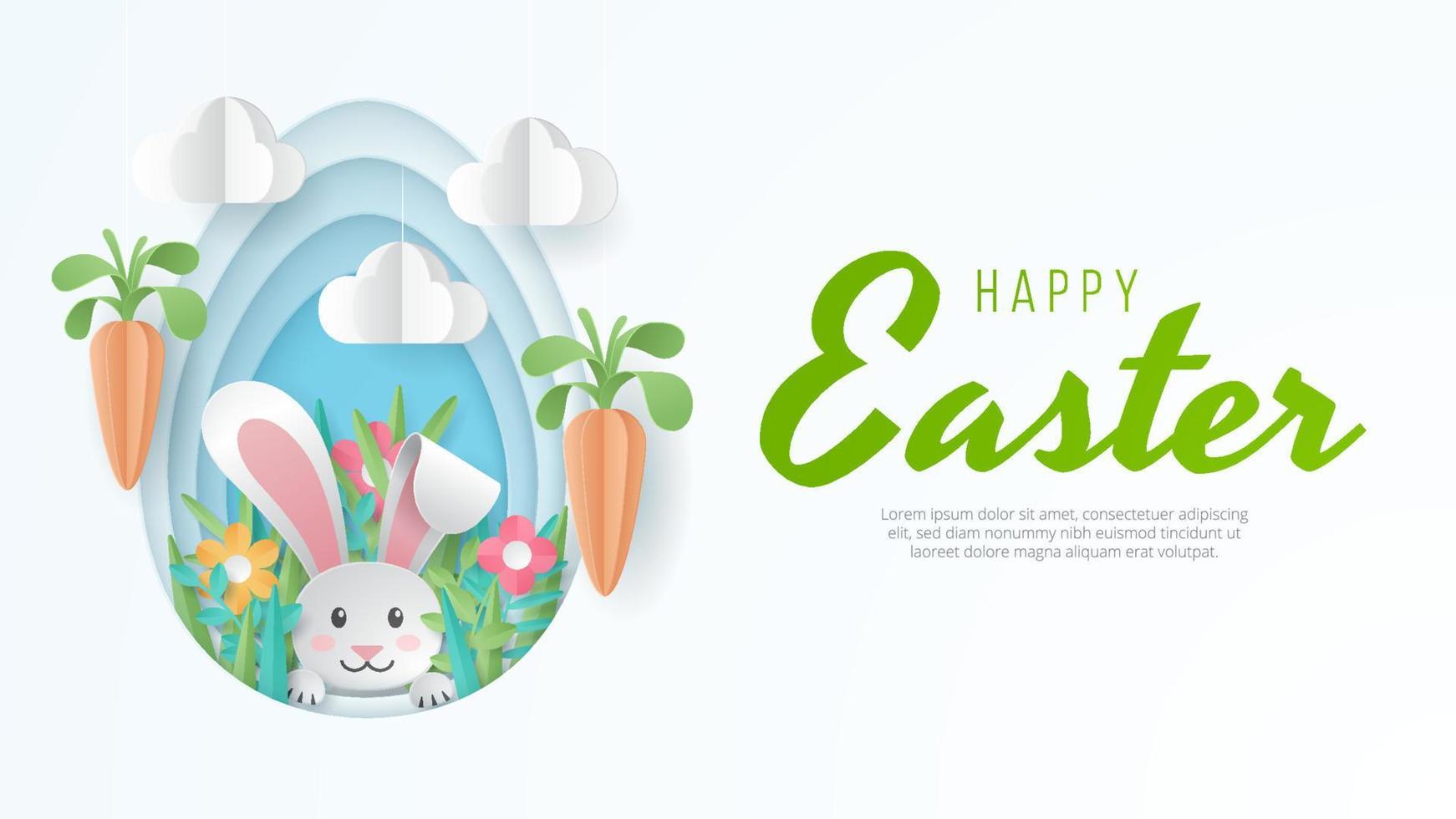 Happy Easter background with eggs, carrot, and bunny. Paper Art. Vector Illustration.