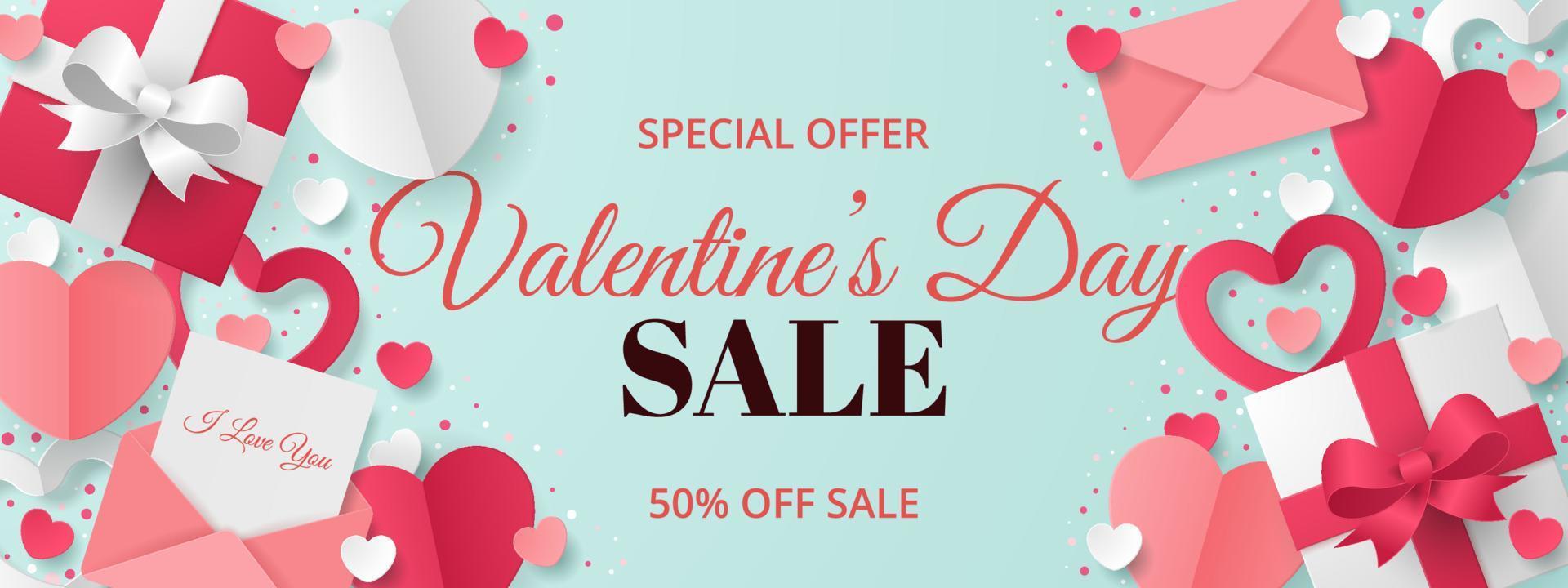 Valentine's day sale banner with paper art style. Vector illustration.