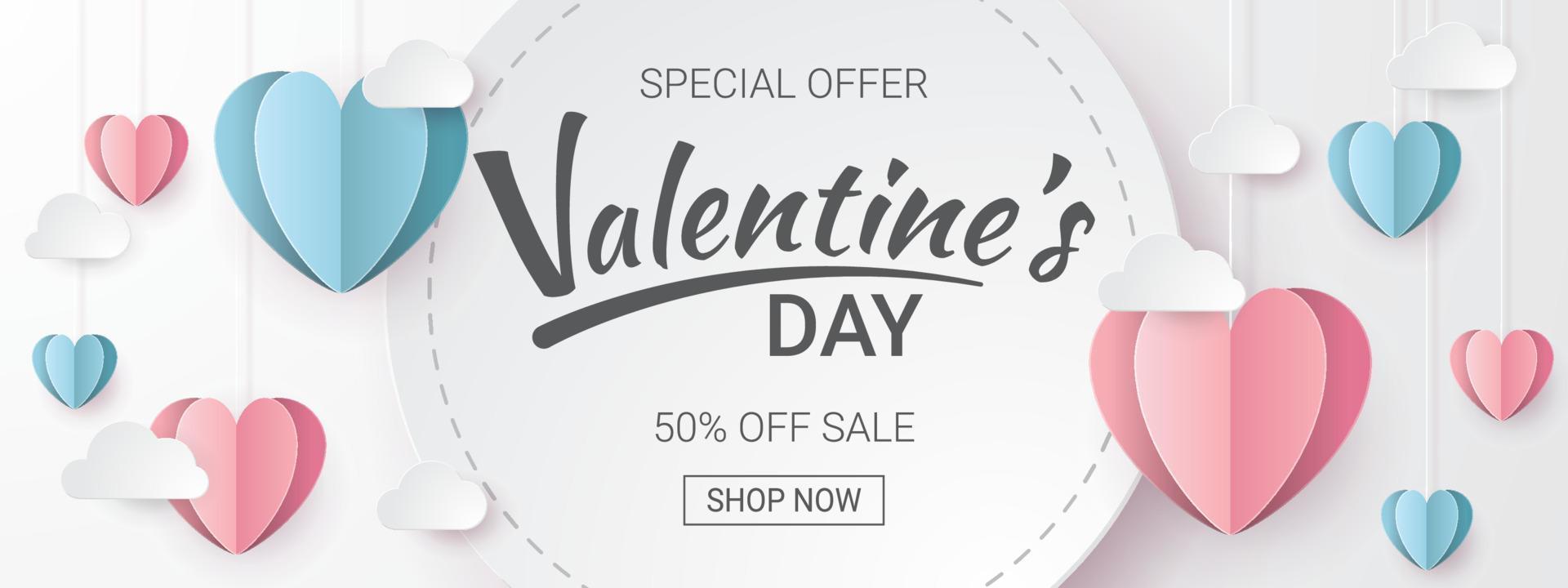 Valentine's Day sale banner. Paper cut style. Vector illustration