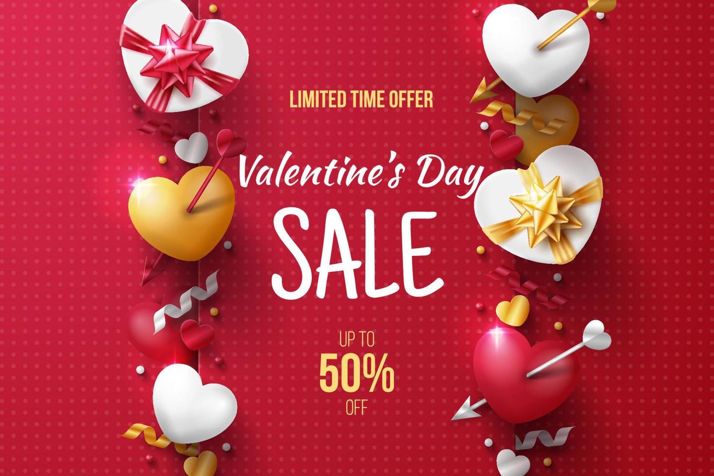 Valentine's day sale banner with 3D hearts, love arrow and gift box. Vector illustration