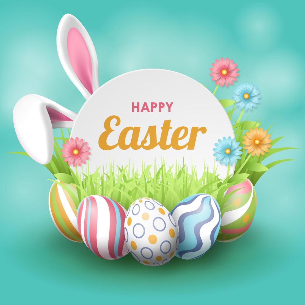 Happy Easter background with realistic painted eggs, grass, flowers and rabbit ears. Vector illustration