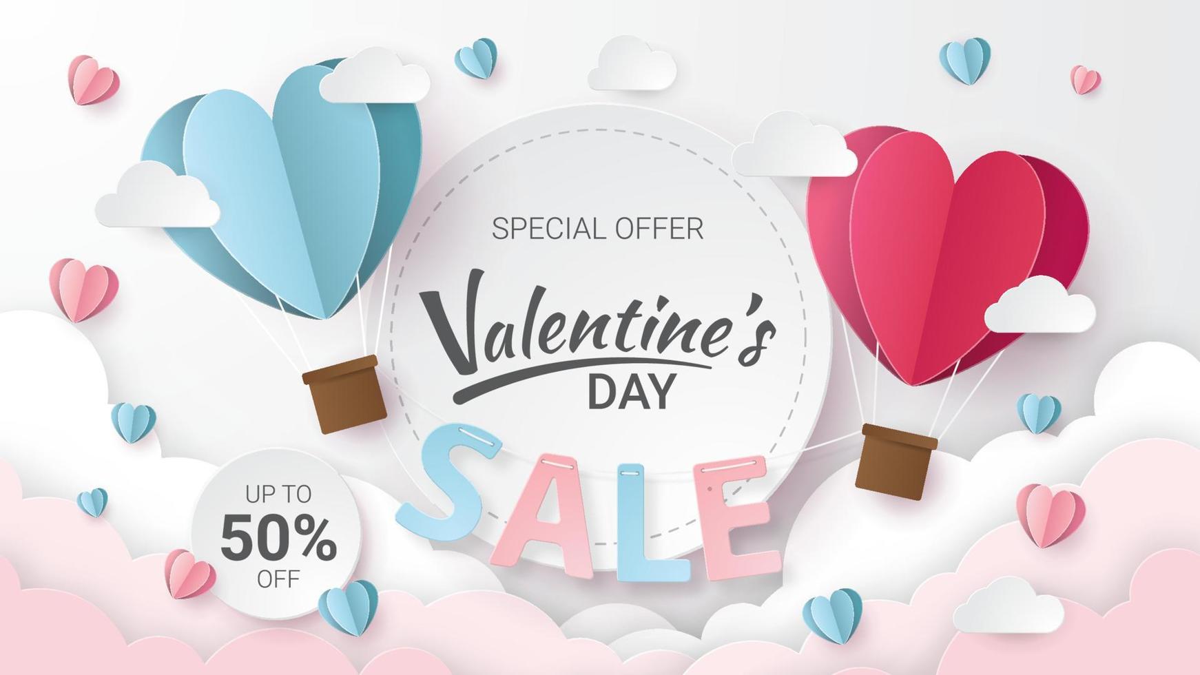 Valentine's Day sale banner. Paper cut style. Vector illustration