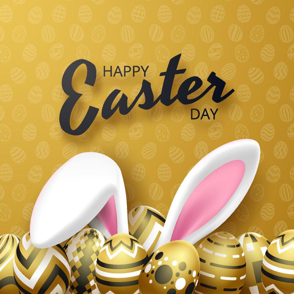 Happy Easter background with realistic golden eggs and rabbit ears. Vector illustration