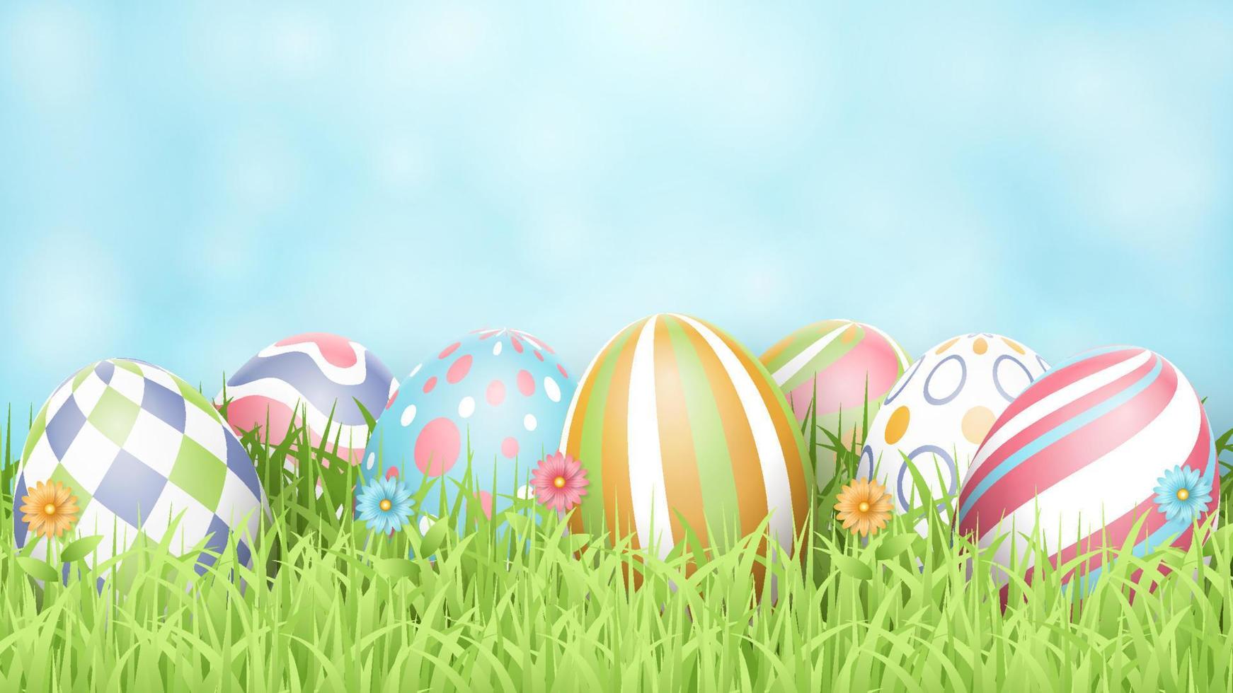 Happy Easter background with realistic painted eggs, grass, flowers. Vector illustration