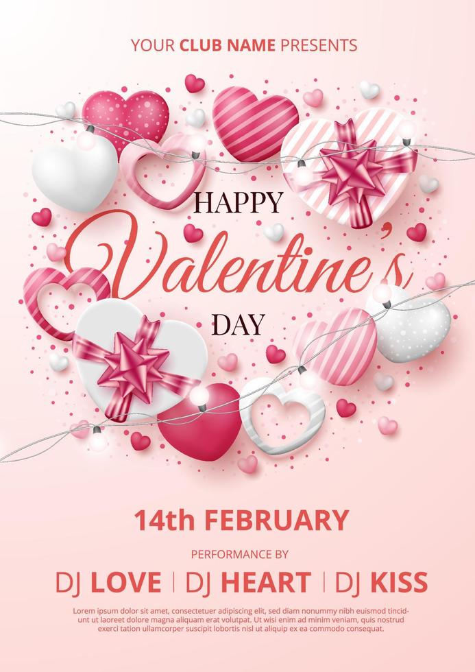 Valentine's day poster template with 3D hearts and gift box. Vector illustration