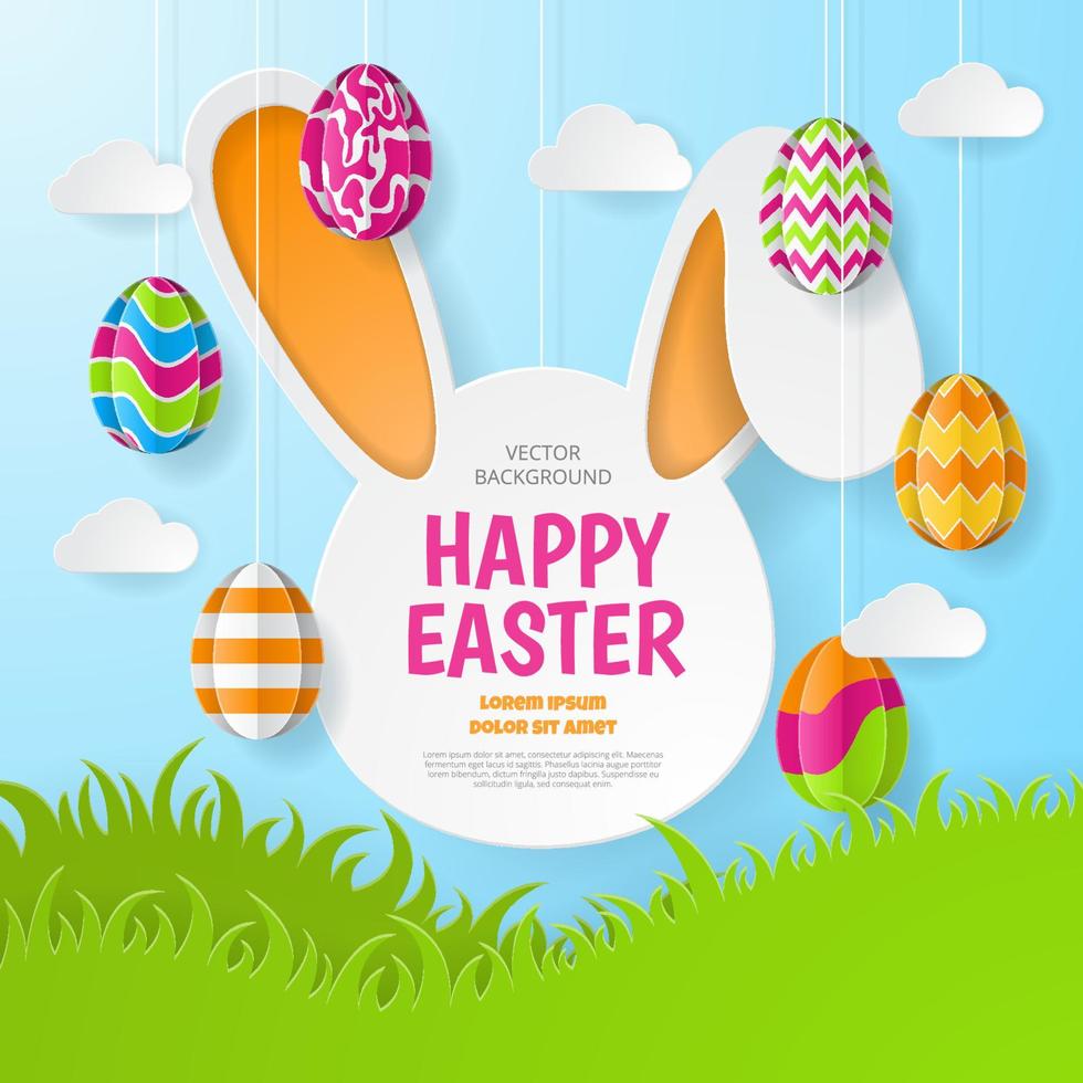 Happy Easter background with eggs, grass and bunny shaped. Paper Art. Vector Illustration.