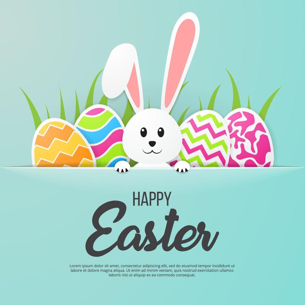 Happy Easter banner with bunny, eggs, and grass. Paper Art. Vector Illustration.