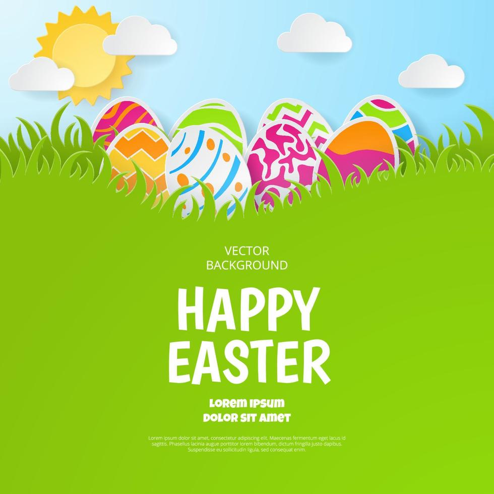 Happy Easter banner with eggs, cloud and grass. Paper Art. Vector Illustration.