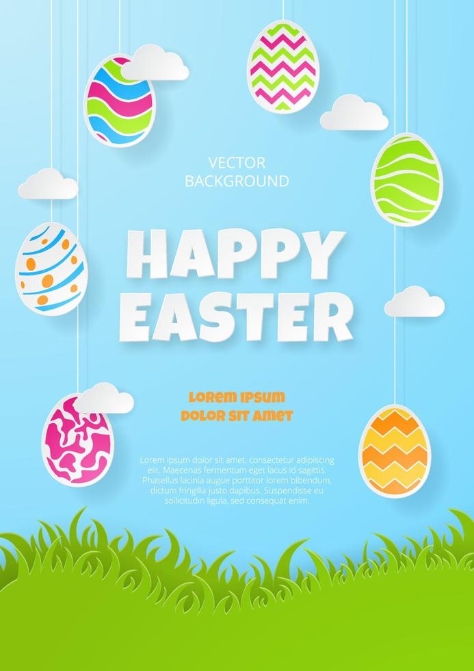 feliz plantilla de póster de Pascua con huevos, nubes y hierba. arte de papel ilustración vectorial vector