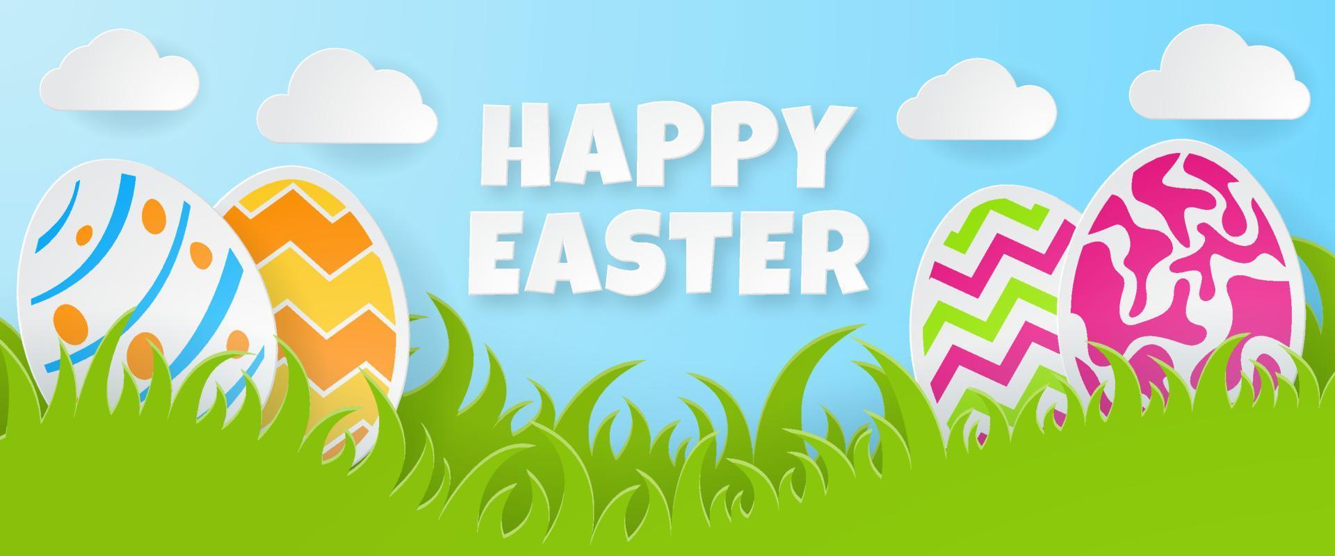 Happy Easter banner with eggs, cloud and grass. Paper Art. Vector Illustration.