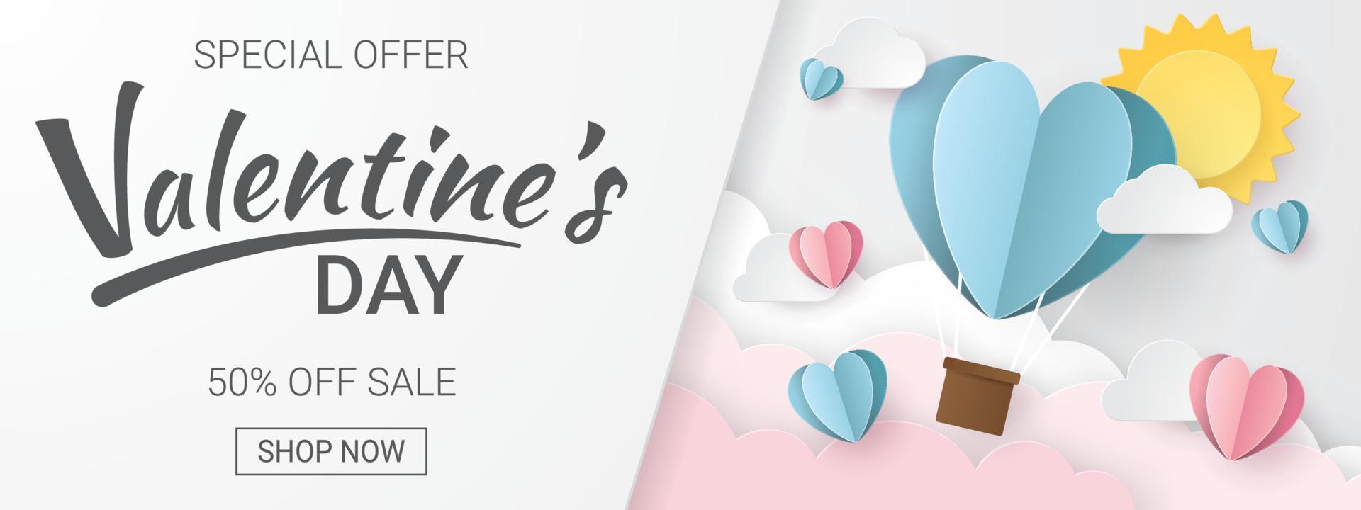 Valentine's Day sale banner. Paper cut style. Vector illustration