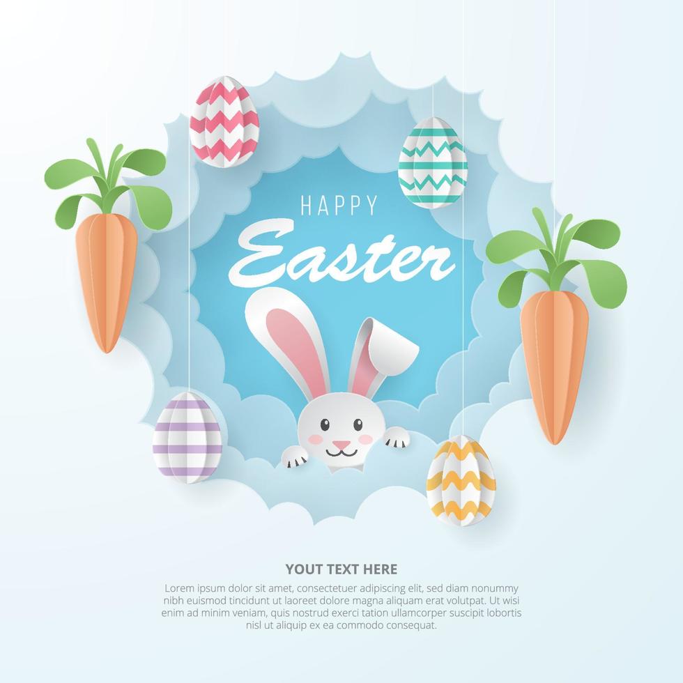 Happy Easter background with eggs, carrot, and bunny. Paper Art. Vector Illustration.