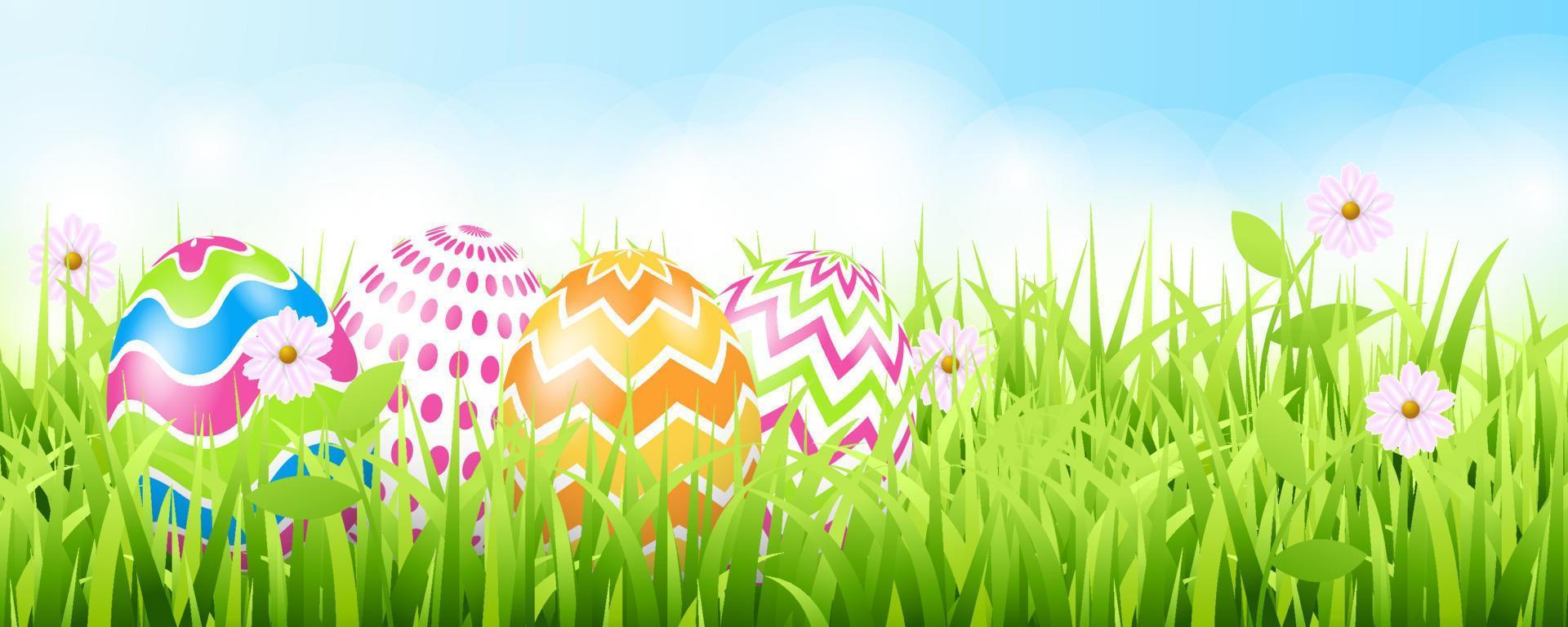 Happy Easter background with realistic painted eggs, grass, flowers. Vector illustration