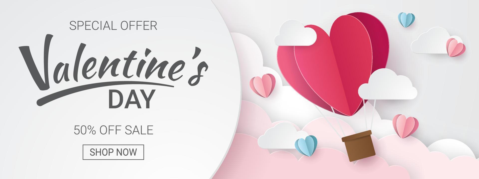 Valentine's Day sale banner. Paper cut style. Vector illustration