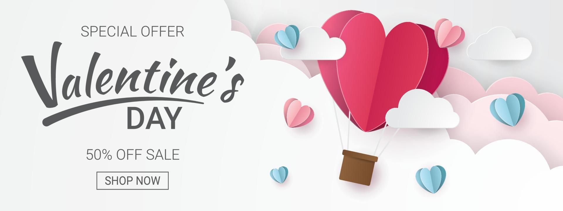 Valentine's Day sale banner. Paper cut style. Vector illustration