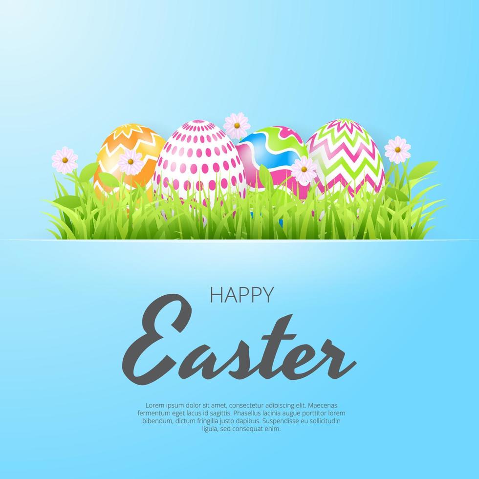 Happy Easter background with realistic painted eggs, grass, flowers. Vector illustration