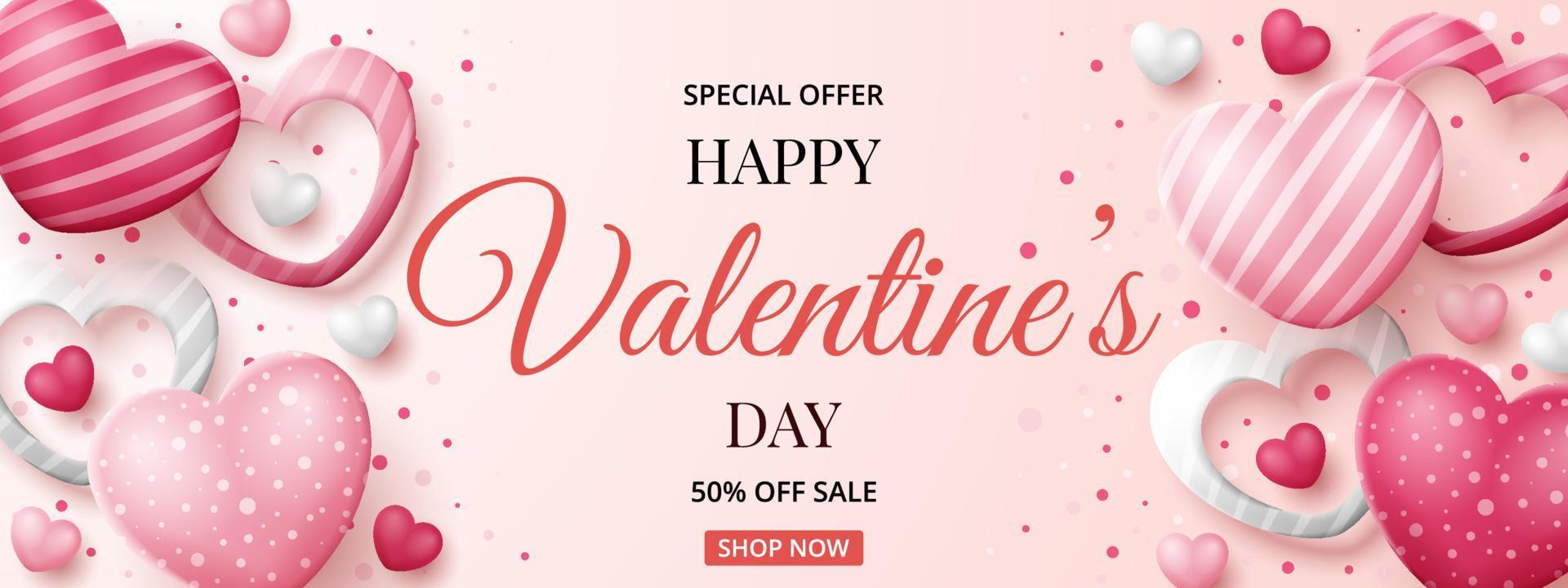 Valentine's day sale banner with 3D hearts and gift box. Vector illustration