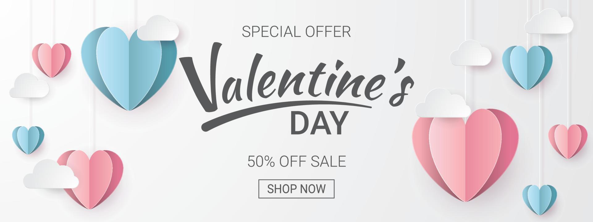 Valentine's Day sale banner. Paper cut style. Vector illustration