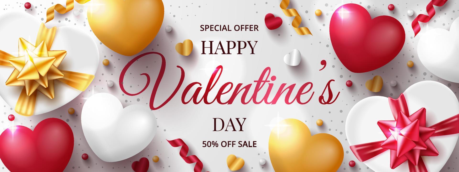 Valentine's day sale banner with 3D hearts, love arrow and gift box. Vector illustration