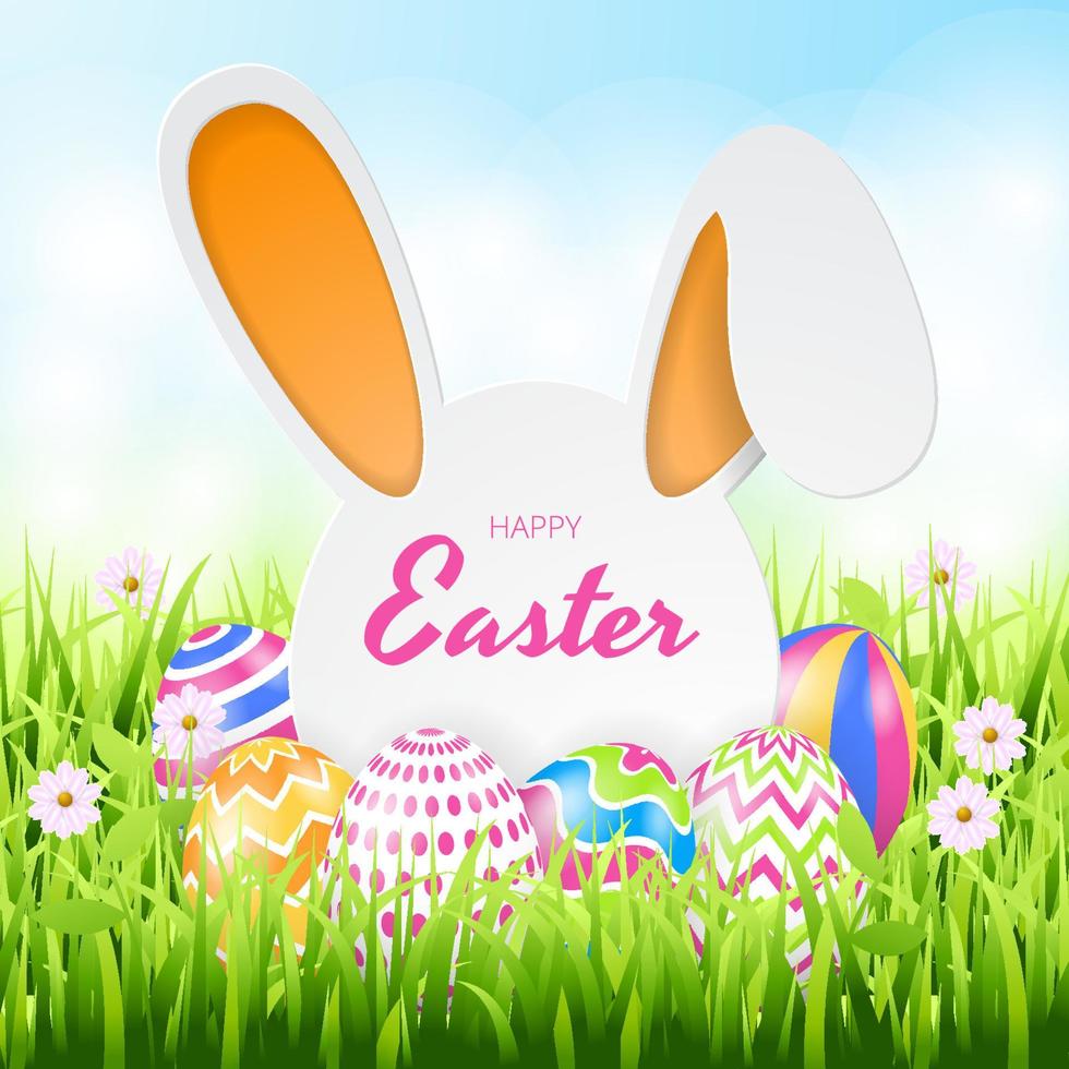 Happy Easter background with realistic painted eggs, grass, flowers. Vector illustration