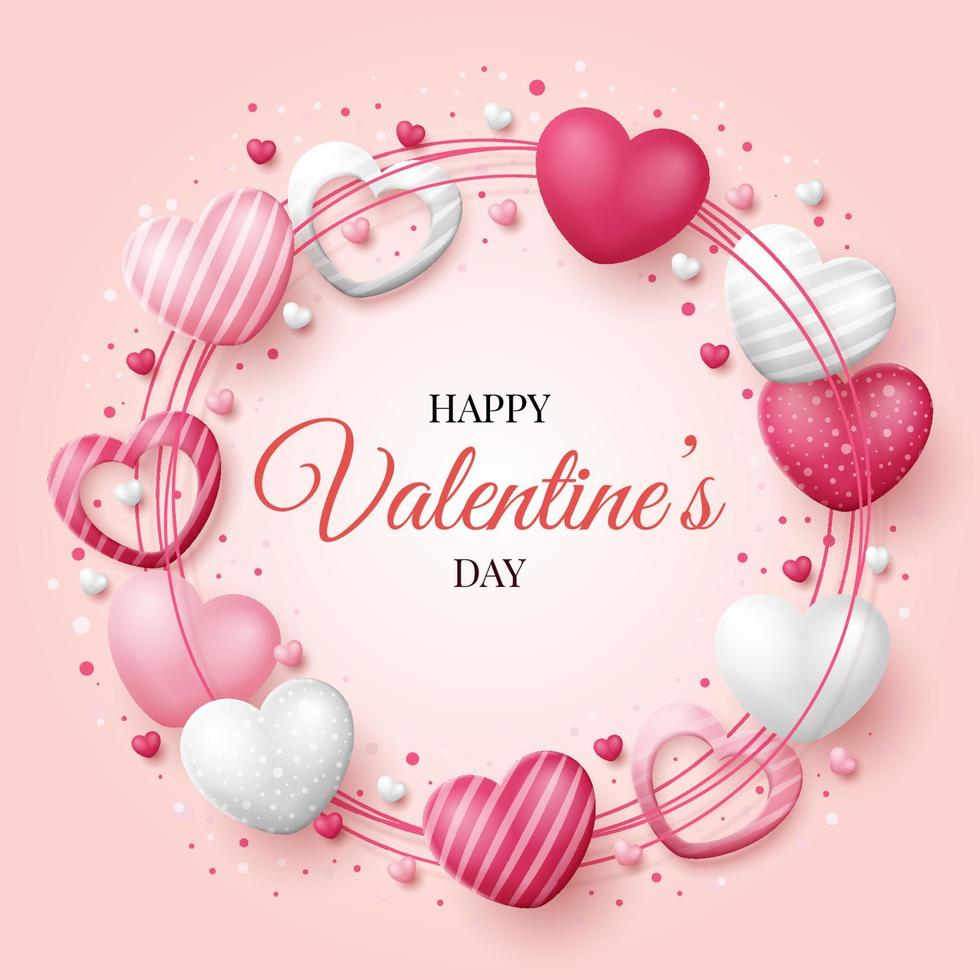 Valentine's day background with 3D hearts and gift box. Vector illustration