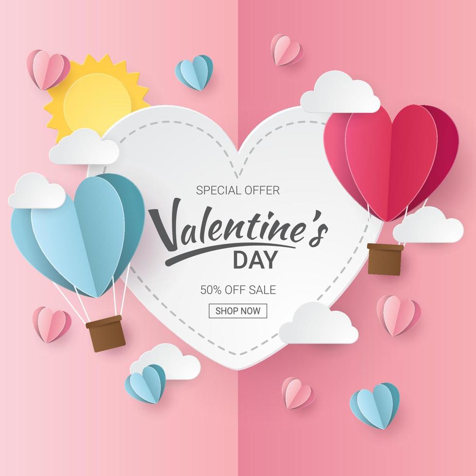 Valentine's Day sale banner. Paper cut style. Vector illustration