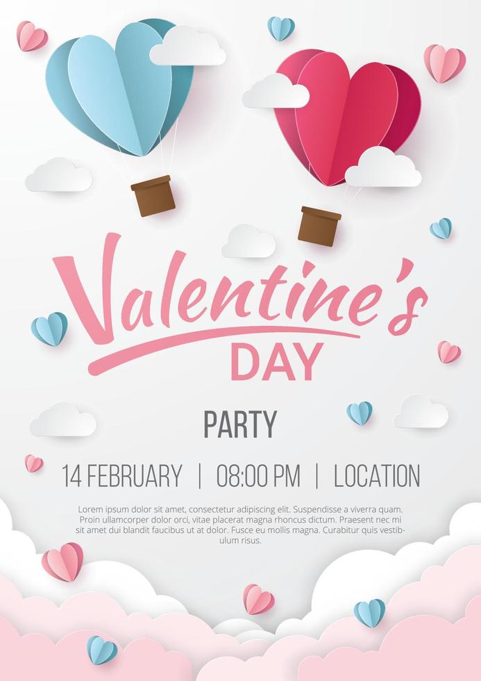 Valentine's Day party poster. Paper cut style. Vector illustration