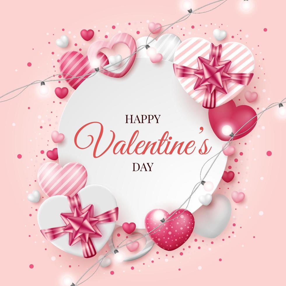 Valentine's day background with 3D hearts and gift box. Vector illustration