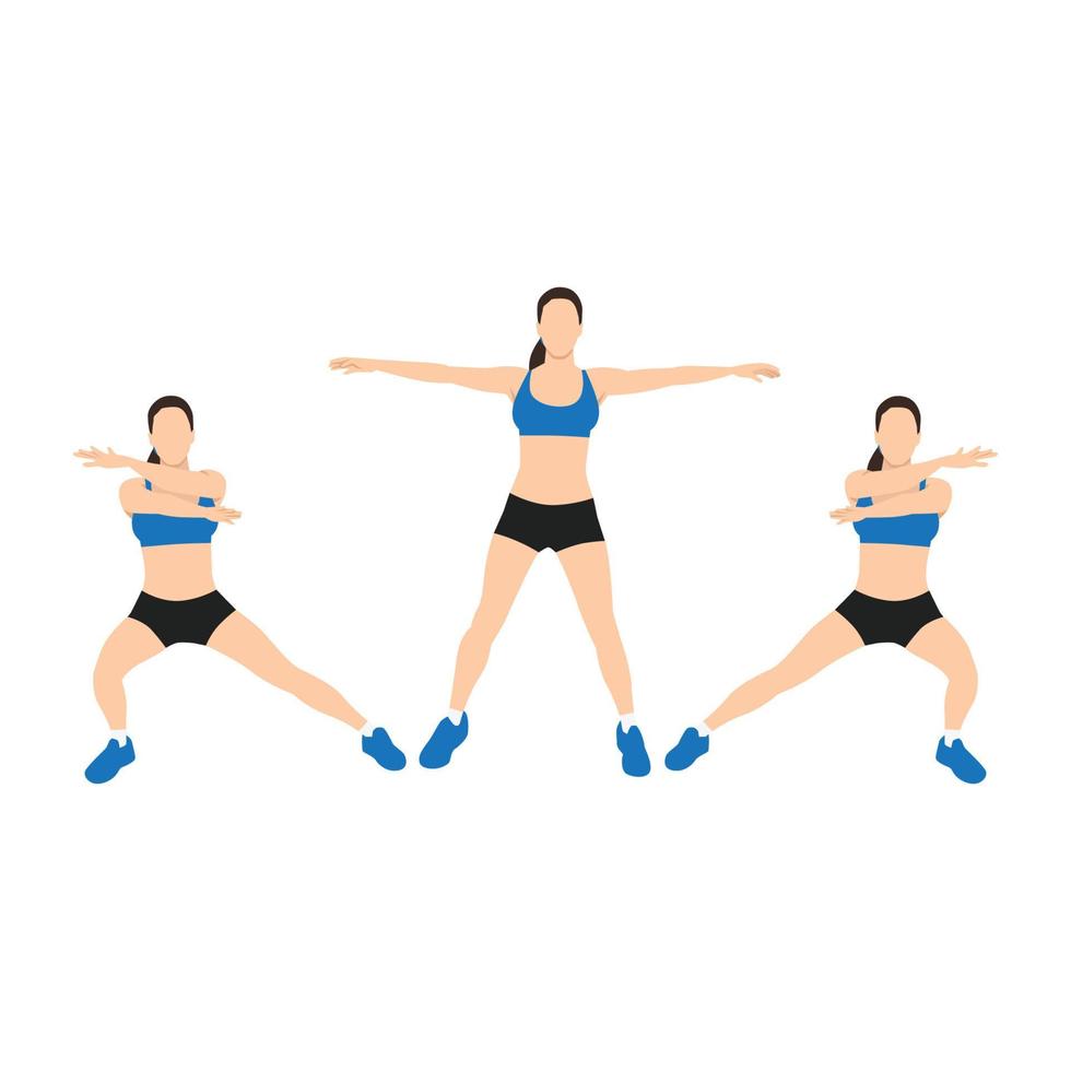 Woman doing Arms cross side lunge exercise. Flat vector illustration isolated on white background