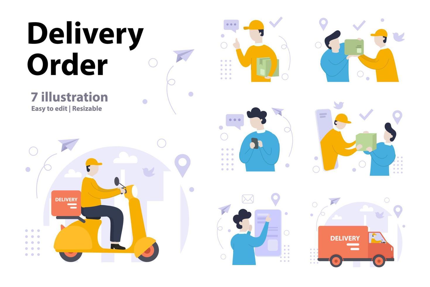 Online delivery order illustrations concept. Collection of scenes men involved in shipping and ordering goods. vector illustration