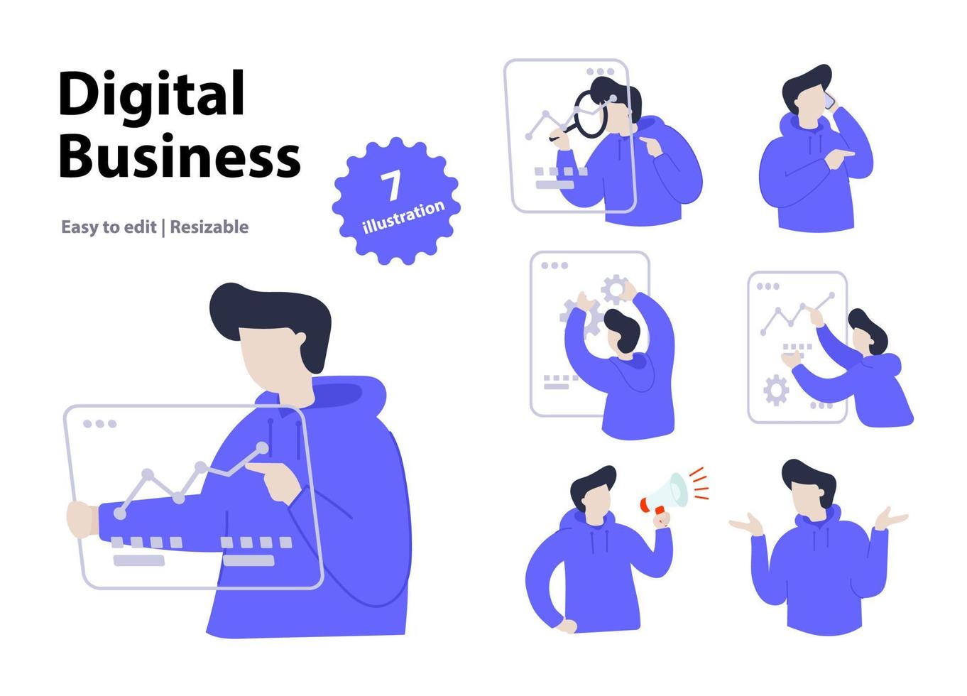 Digital business illustration concept. set of scenes of men with blue sweater involved in digital business vector