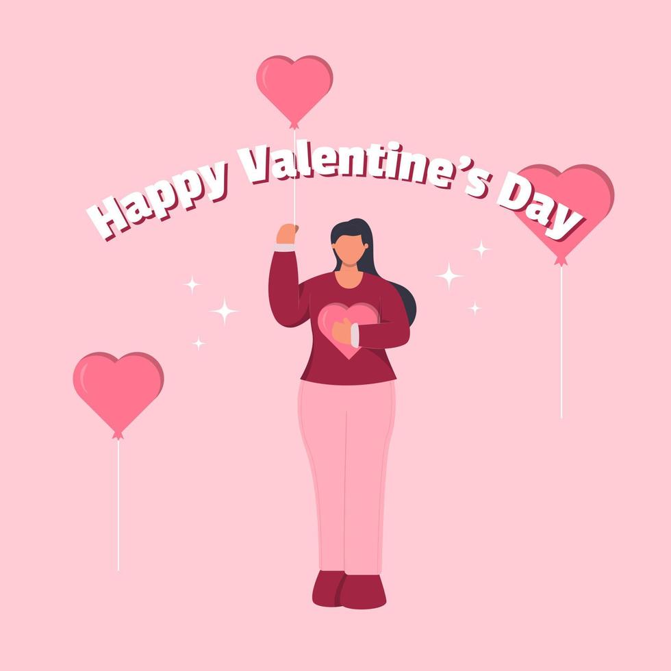 Happy Girl Holing Heart Shaped Balloon, Valentine's Day Concept Illustration vector