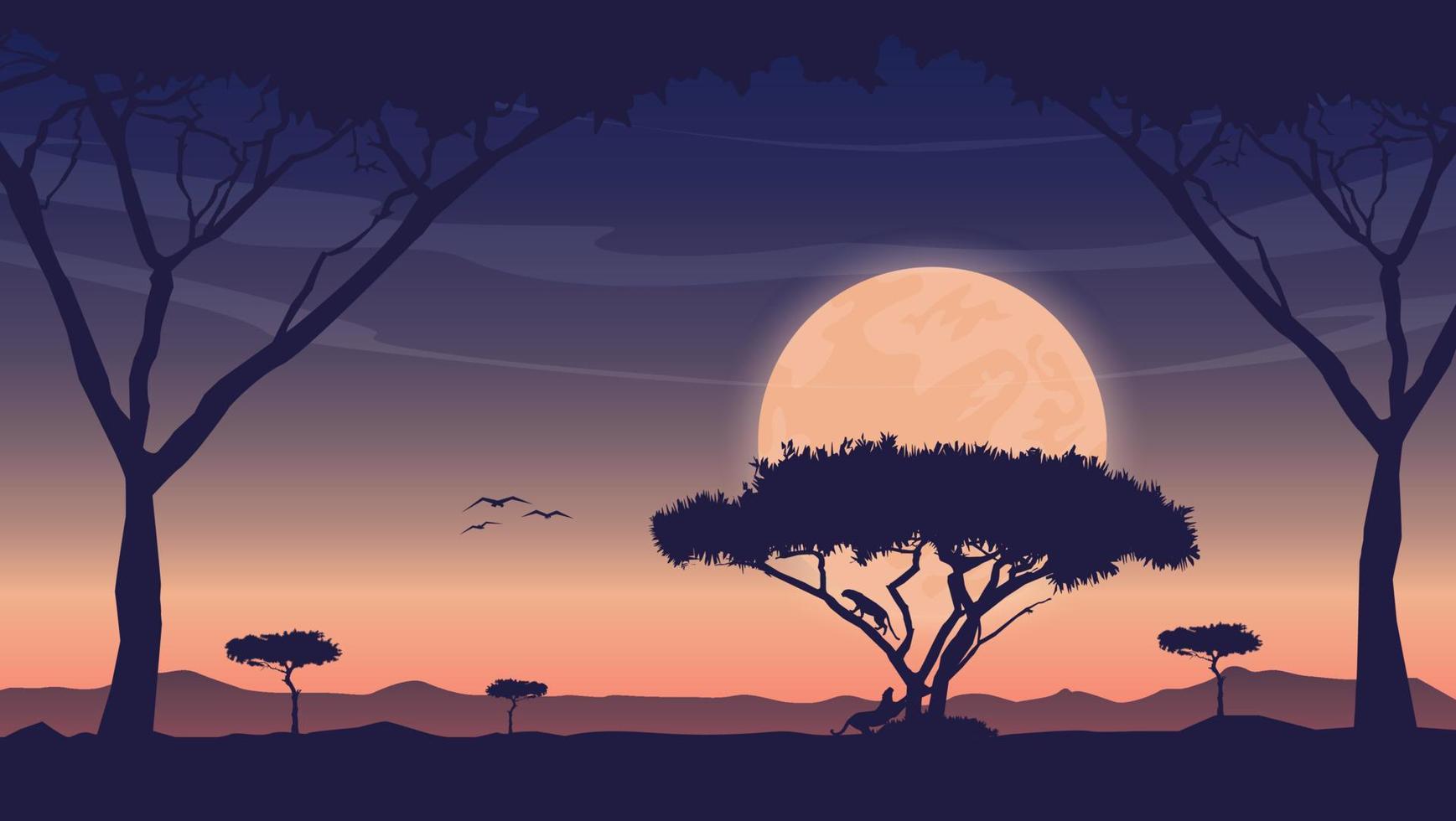 paisaje de vida silvestre al atardecer plano dibujado a mano con tigres trepando árboles vector